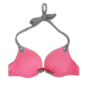 Victorias Secret Bikini Top Size 34A Underwired Hot Pink Black White Stripes Tie